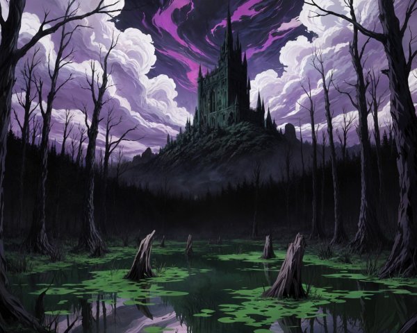 Dark Landscape with Castle and Eerie Swamp Scene