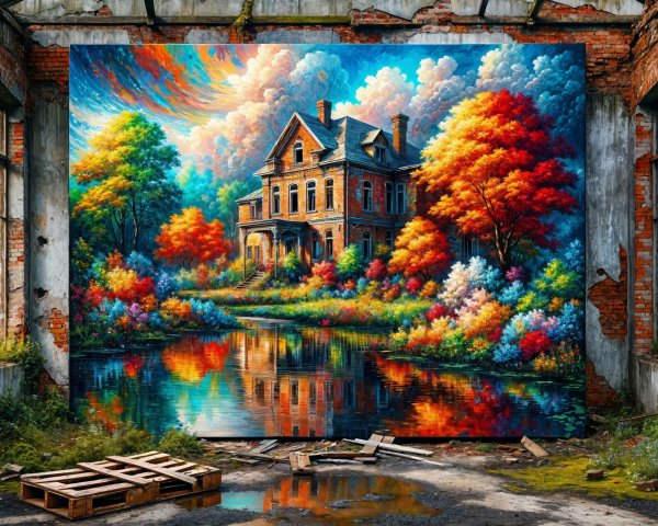 Vibrant Mural of House and Autumn Trees on Abandoned Building