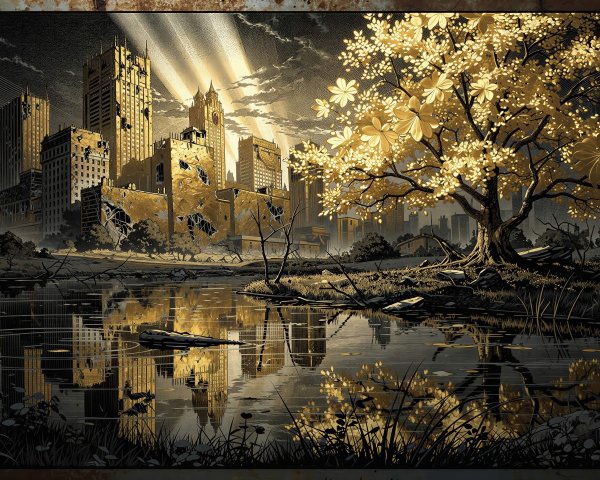 Dystopian Future City with Ruins and Golden Tree