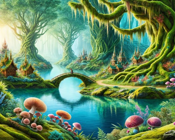 Vibrant Forest Scene with Towering Trees and Cottages