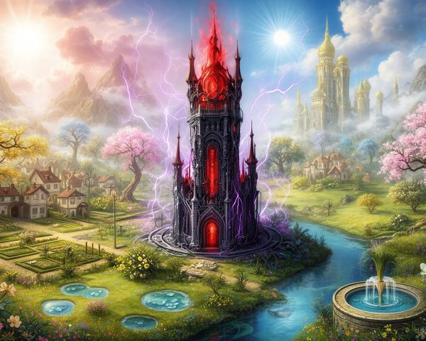 Fantasy Landscape with Gothic Tower and Village