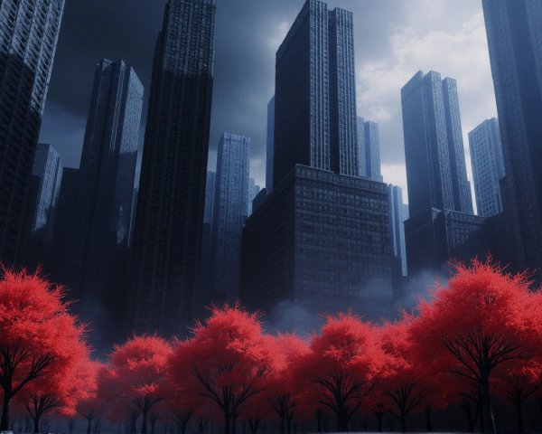Contrast of Red Trees and Urban Skyscrapers