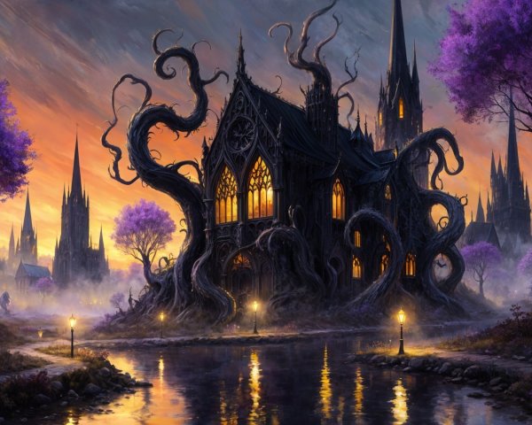Gothic Castle in Enchanting Dark Landscape at Sunset