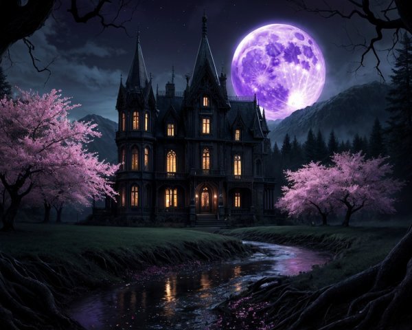 Gothic Mansion Under Purple Moon with Cherry Blossoms
