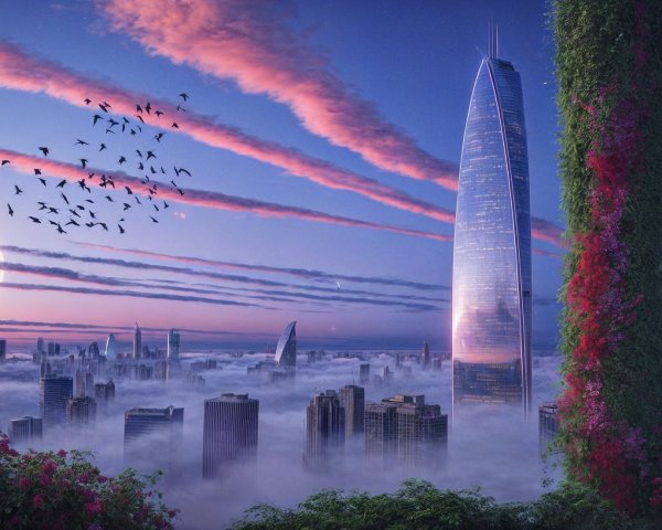 Futuristic Skyline at Twilight with Lush Greenery
