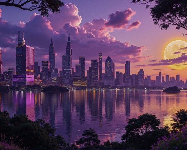 Twilight City Skyline with Moonlit Reflections
