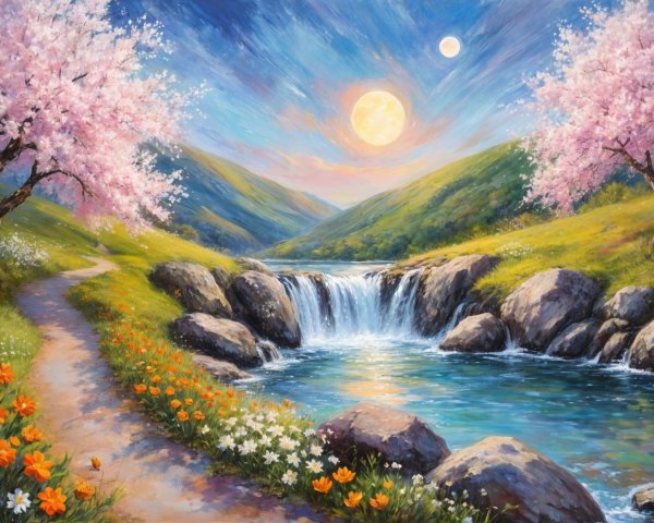 Serene Landscape with Cherry Blossoms and Waterfall