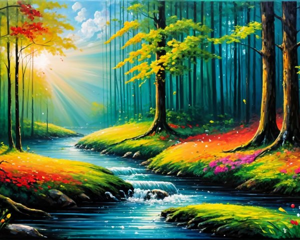 Vibrant Landscape with Serene Brook and Wildflowers