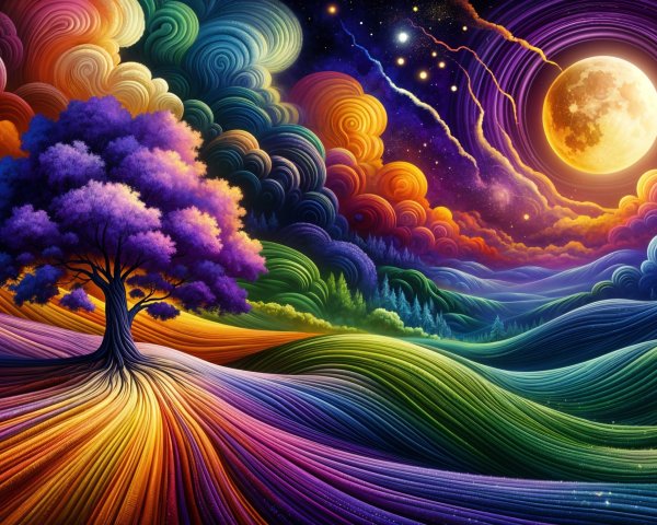 Vibrant Landscape with Colorful Hills and Night Sky
