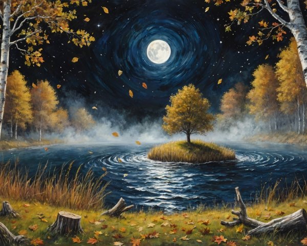 Autumn Landscape with Calm Lake and Full Moon