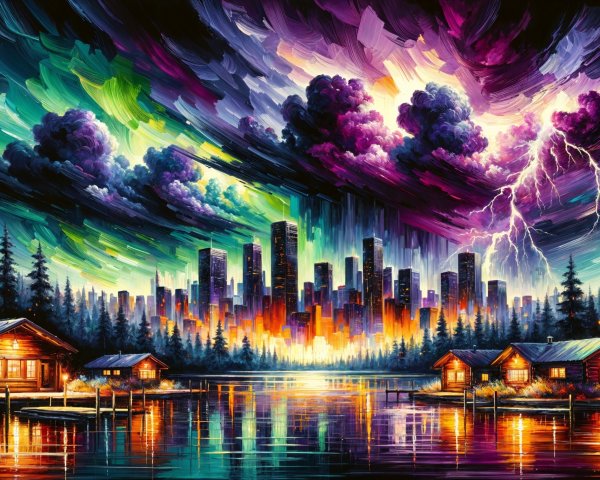Dramatic Twilight Skyline with Skyscrapers and Nature