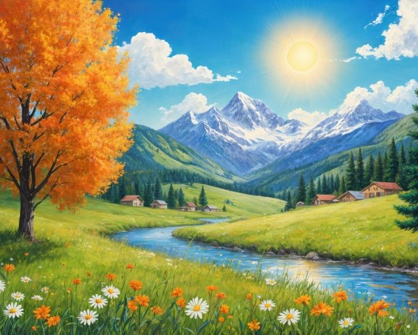 Vibrant Landscape of Mountains, Valley, and Cottages