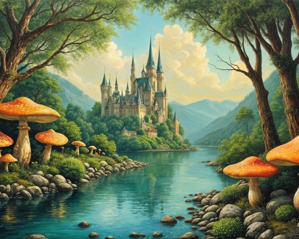 Grand Castle in Lush Mountains with Vibrant Mushrooms