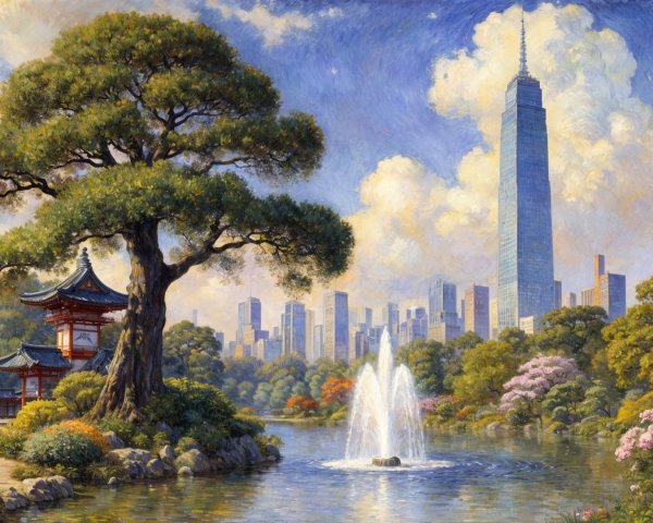 Serene Landscape of Nature and Urban Elements