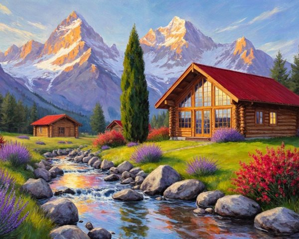 Serene Landscape with Log Cabins and Rocky Mountains