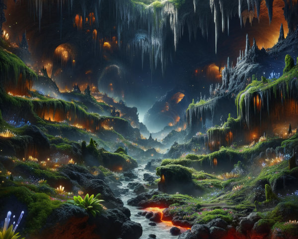 Mystical underground landscape with lava river and luminous plants