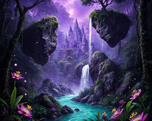Mystical Landscape with Floating Rocks and Waterfall