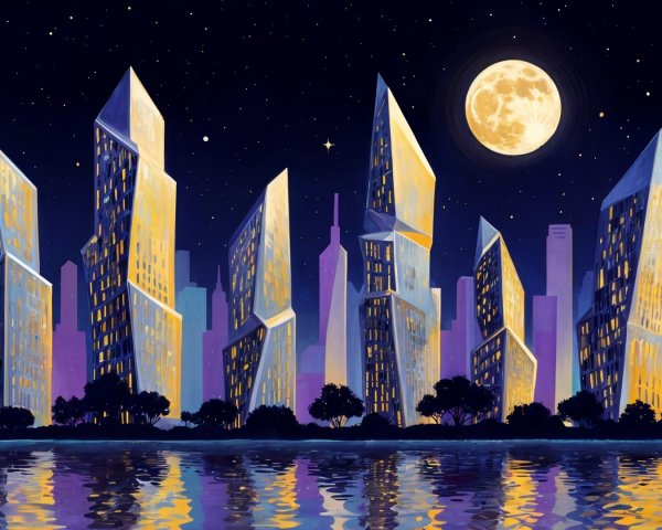 Vibrant Night City Skyline with Unique Skyscrapers