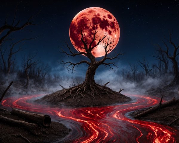 Haunting Landscape with Gnarled Tree and Lava River