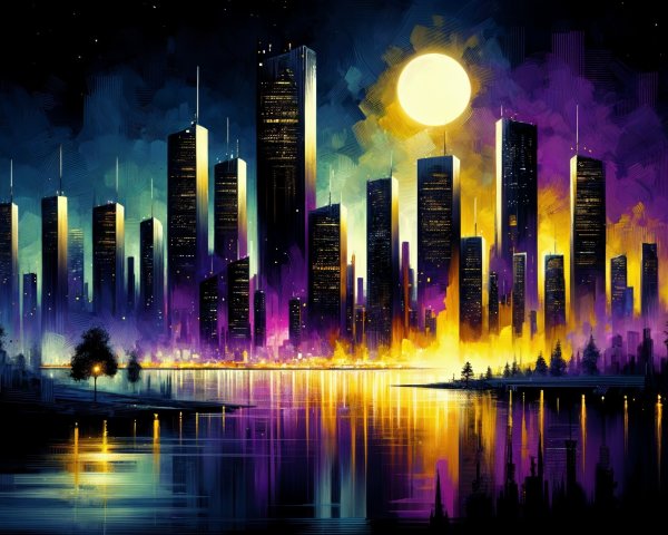 Twilight City Skyline with Colorful Lights and River