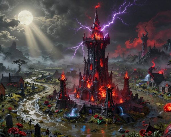 Gothic dark fantasy landscape with moonlit citadel