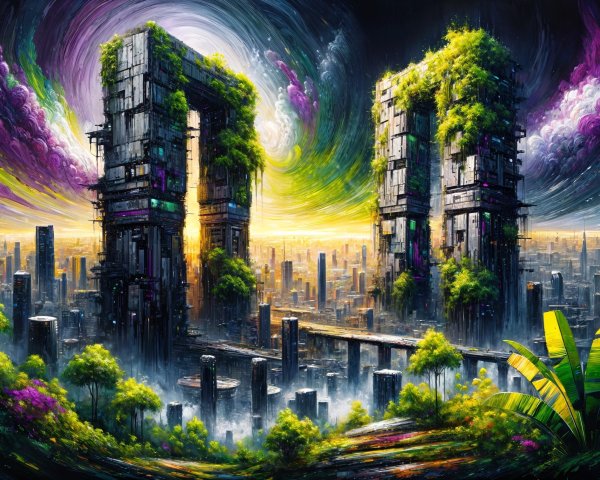 Surreal Landscape with Futuristic Structures and Nature
