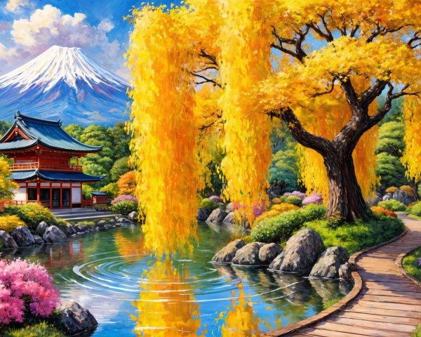Japanese Pagoda Surrounded by Autumn Foliage and Fuji