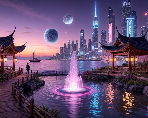 Futuristic City Skyline with Neon Lights and Moons