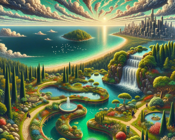 Vibrant landscape with waterfalls, river, colorful trees, city skyline, and dramatic clouds at
