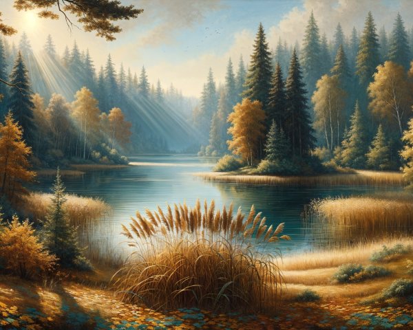 Tranquil Lake Surrounded by Autumn Foliage and Pines