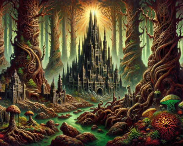 Mystical Forest with Twisted Trees and Castle Scene