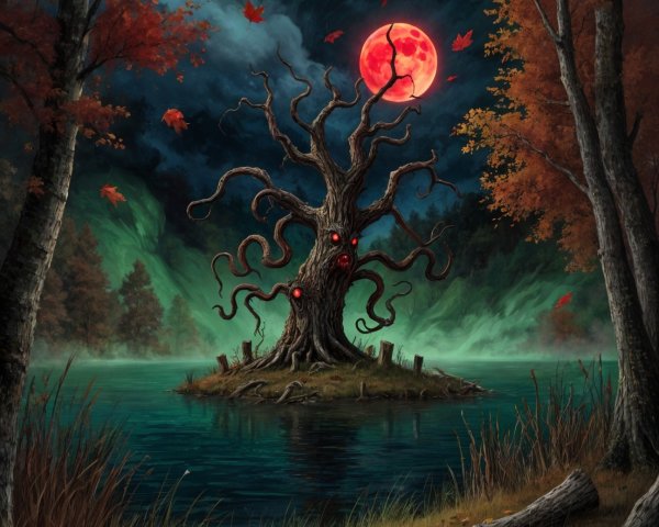 Gnarled Tree with Red Eyes on a Dark Lake Island