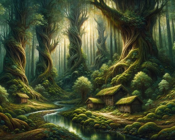 Mystical forest with oversized trees and serene river