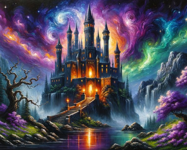 Majestic castle on rocky outcrop with vibrant scenery