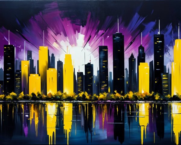 Vibrant City Skyline at Sunset with Skyscrapers