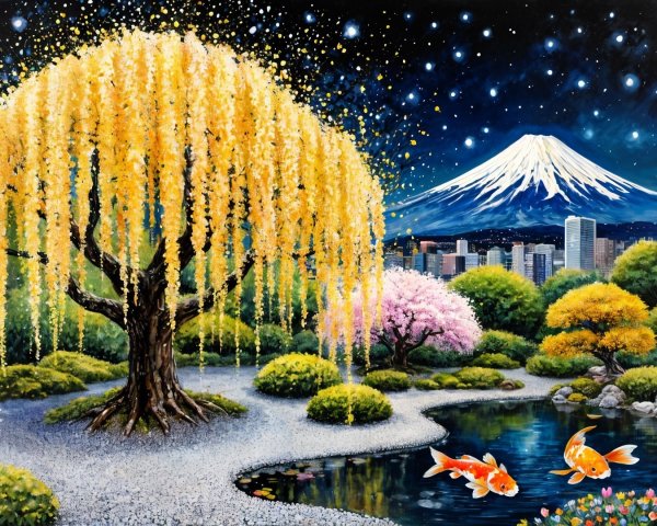 Vibrant Nighttime Garden Landscape with Mount Fuji