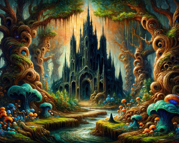 Mystical forest with vibrant trees and dark castle