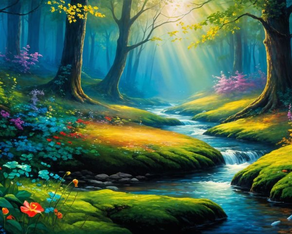 Vibrant Forest Scene with Sunlight and Colorful Flowers