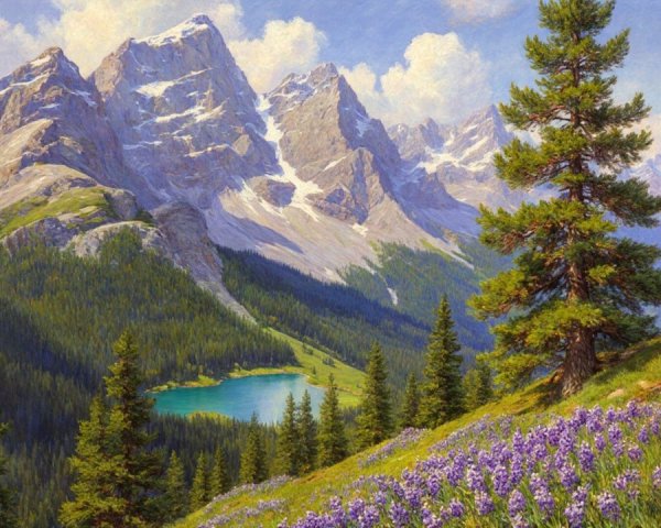 Snow-Capped Mountains and Vibrant Wildflowers Landscape