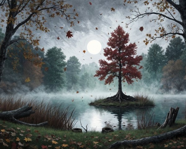 Serene Landscape with Red Tree on Misty Lake