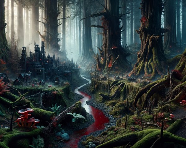 Mystical Forest with Ancient Trees and Dark River