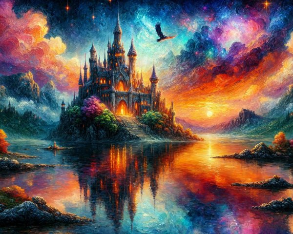 Majestic Castle on Rocky Island with Vibrant Landscape