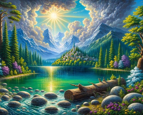 Serene landscape with lake, mountains, and vibrant flora