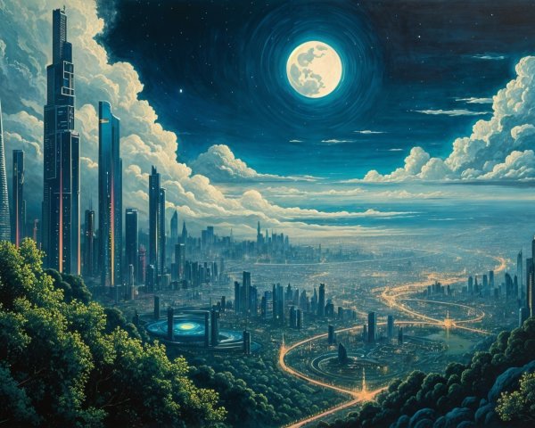 Futuristic cityscape under a glowing full moon