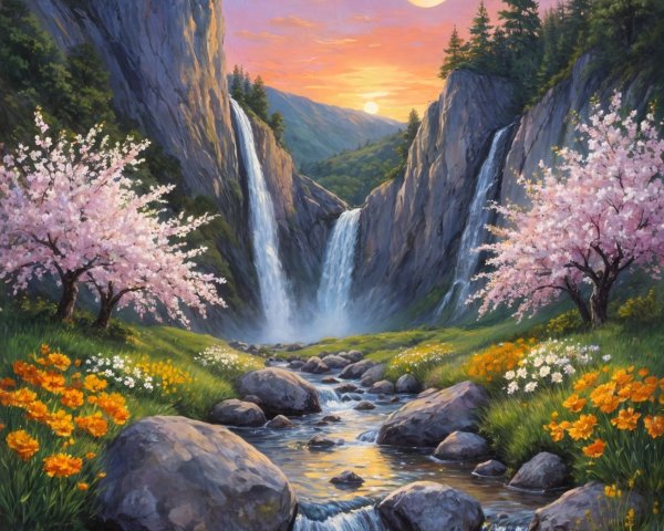 Vibrant Landscape with Waterfalls and Cherry Blossoms