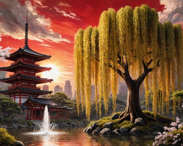 Japanese Pagoda Amid Cherry Trees and Skyscrapers