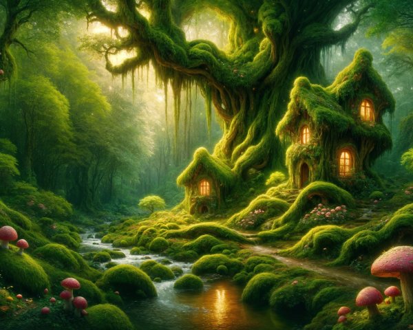 Whimsical forest scene with mossy cottages and mushrooms