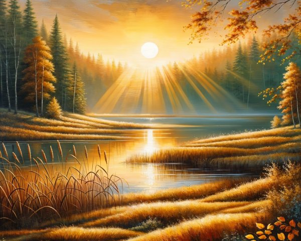 Tranquil Sunrise Landscape with Serene Lake and Trees
