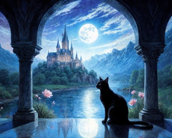 Black Cat in Stone Archway Overlooking Castle Landscape