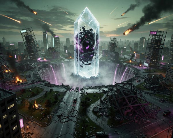 Futuristic cityscape with meteor shower and crystal